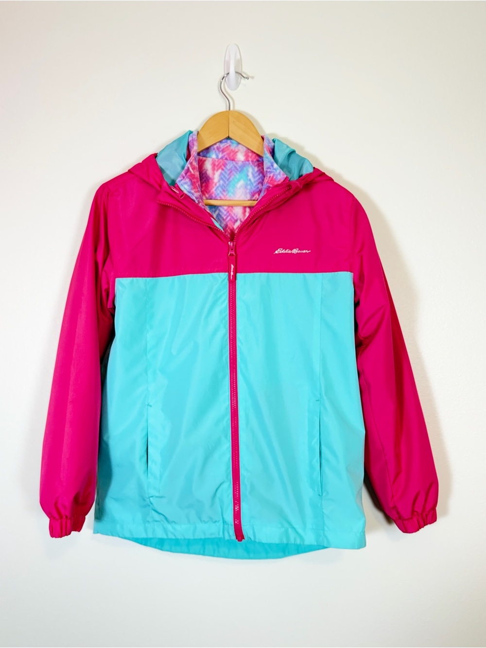 Eddie Bauer Girls 3-in-1 Jacket Size L 14/16 Pink Aqua Colorblock Fleece EUC
